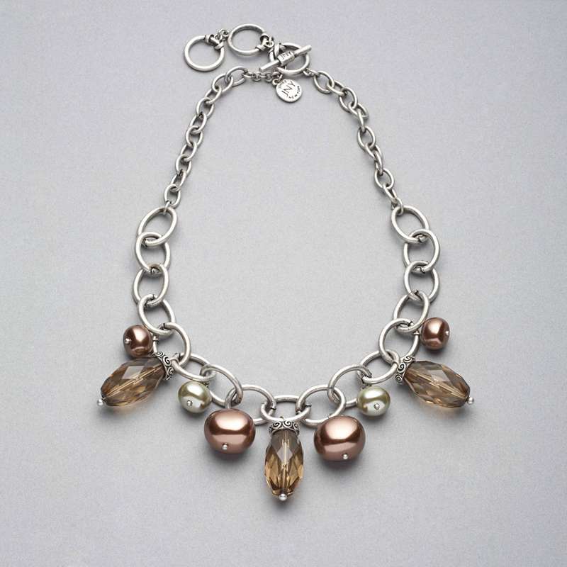 グリーンとブラウンのビジューネックレス, シルバーオックス, large image number 0